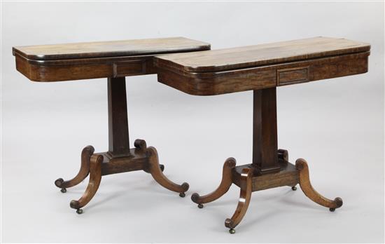 A pair of Regency crossbanded mahogany tea tables, W.2ft 11in. D.1ft 5in. H.2ft 6in.